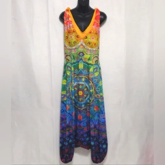 Colorful Boho Drop Crotch Harem Jumpsuit Womens Racerback Festival Yoga Romper L - Picture 2 of 12